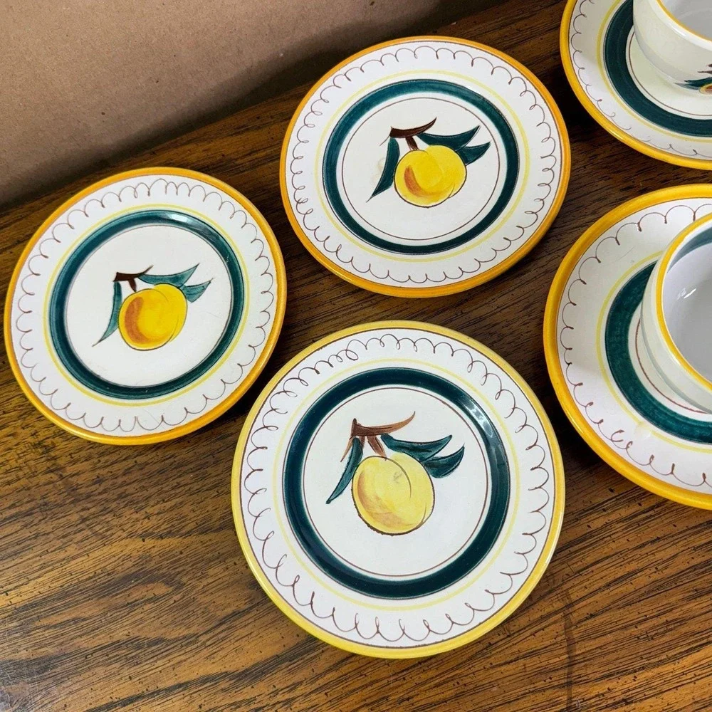 Stangl Pottery Fruit‎ Lemon Brown Trim 9-Pc Teacup Saucer & bread plates
